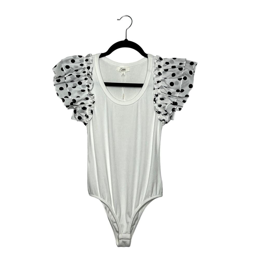 Oddi Polka Dot Ruffle Sleeve Bodysuit Small White Black Ribbed Stretch